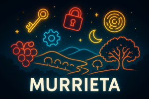 Murrieta – neon hills & puzzle icons illustration